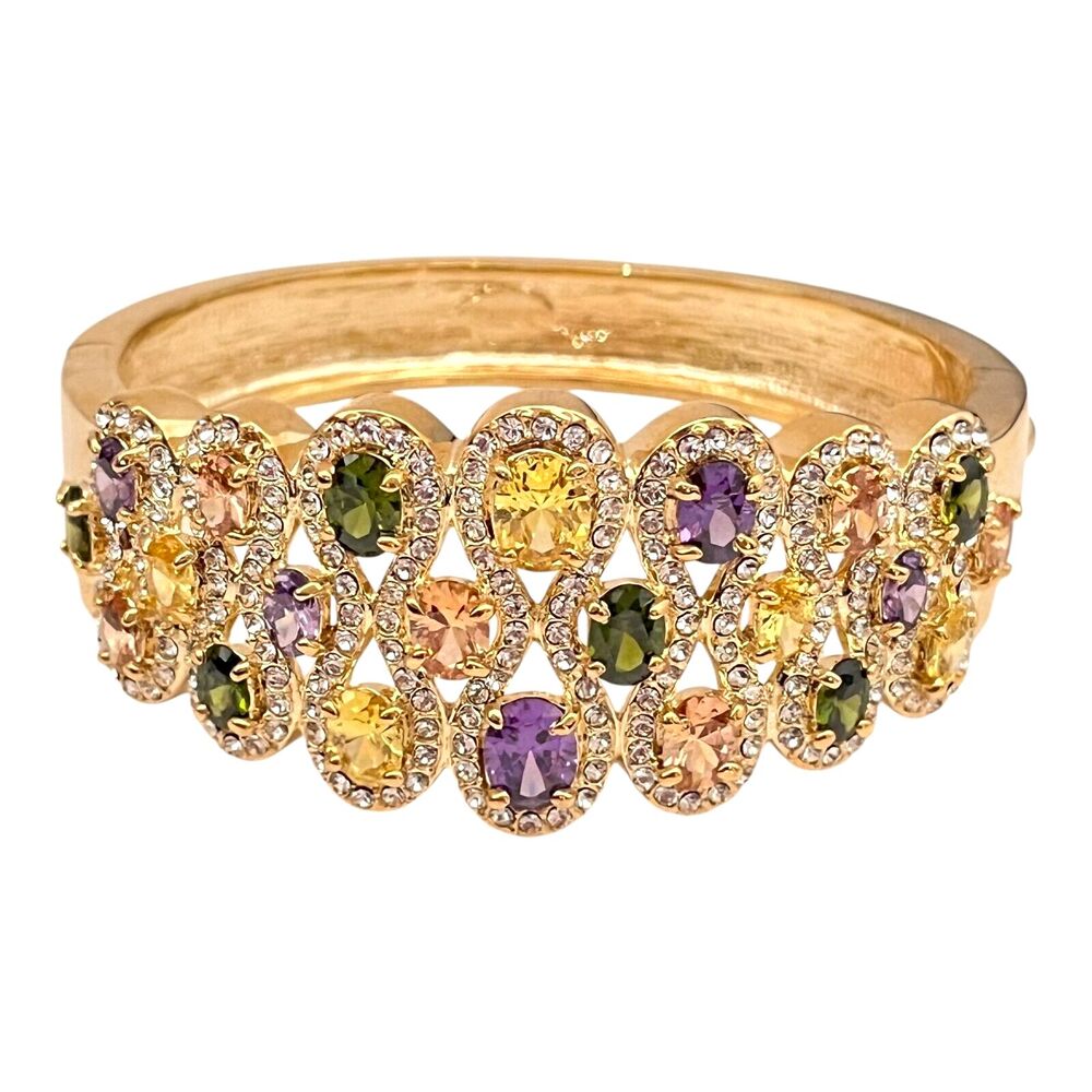 Gold Tone Bracelet Multicolor Crystal Openwork Wide Cuff Bangle - 8W